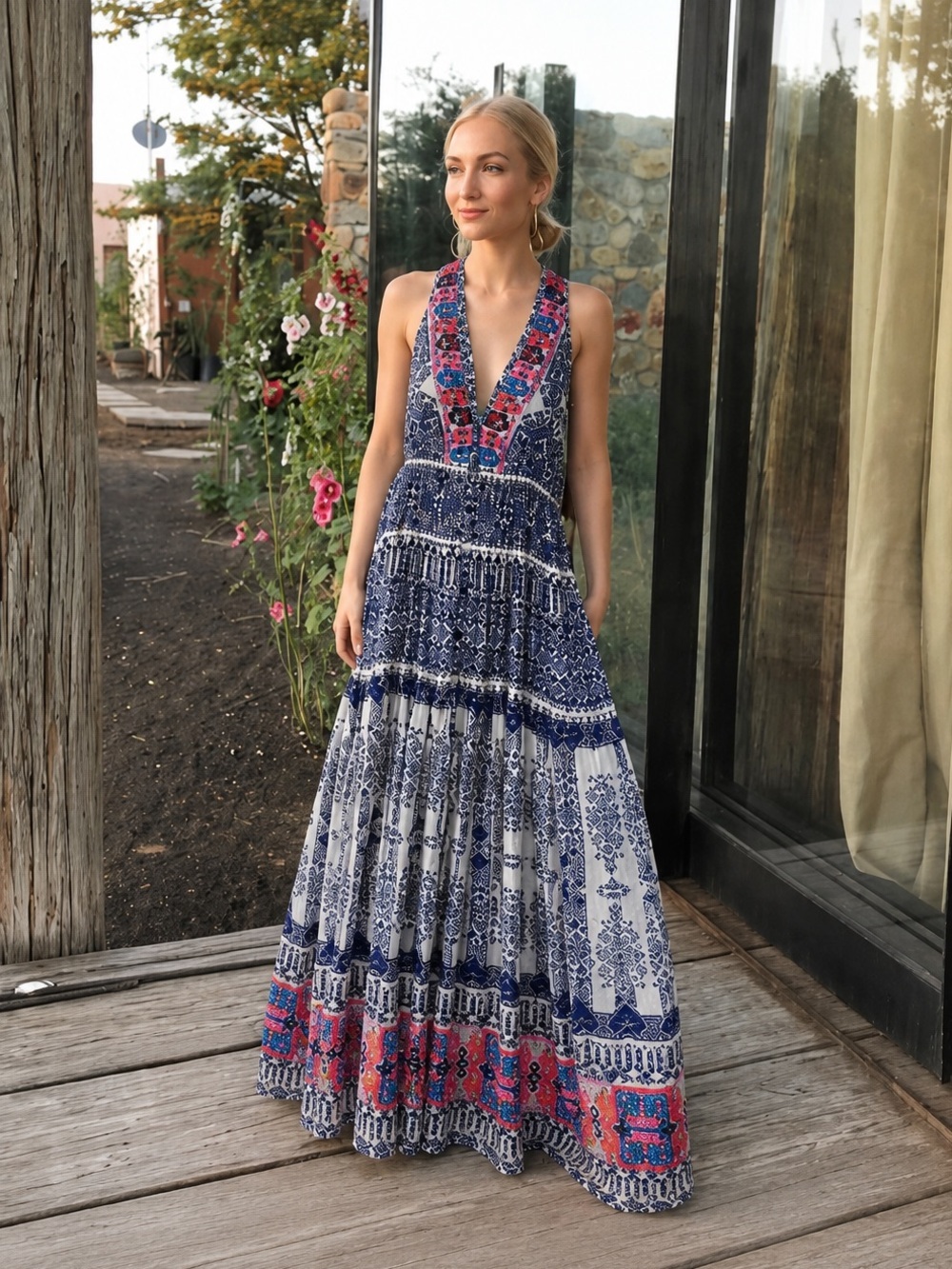 Rococo Sand Silk Ionic Printed Embroidered Maxi Dress Boho Resortwear Maximalist